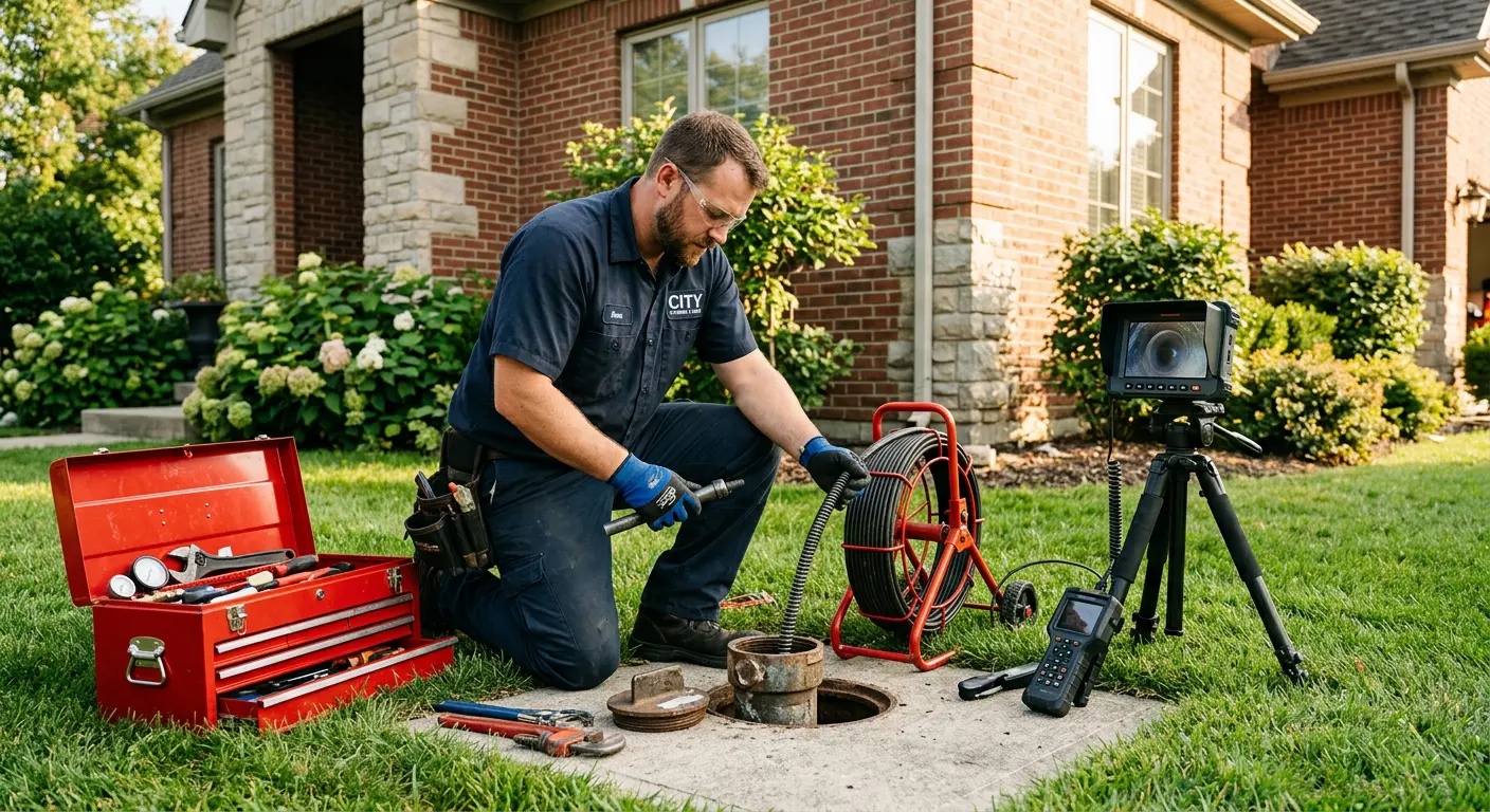 Sewer specialist with camera equipment servicing a cleanout in Delano