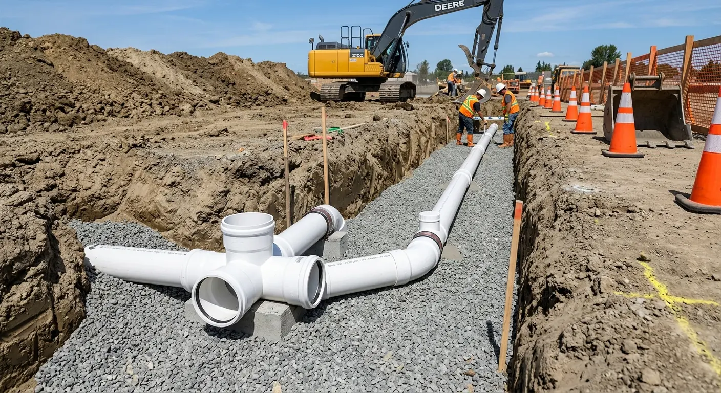 New PVC sewer pipe installation in open trench for Commercial Drain Cleaning in Delano