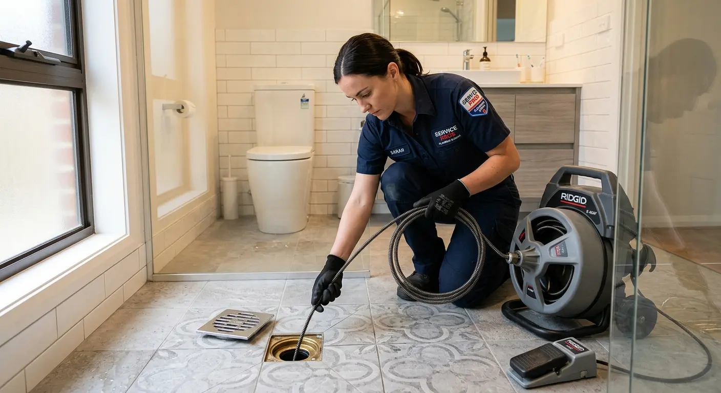 Technician clearing a bathroom floor drain for Sewer Line Replacement in Delano